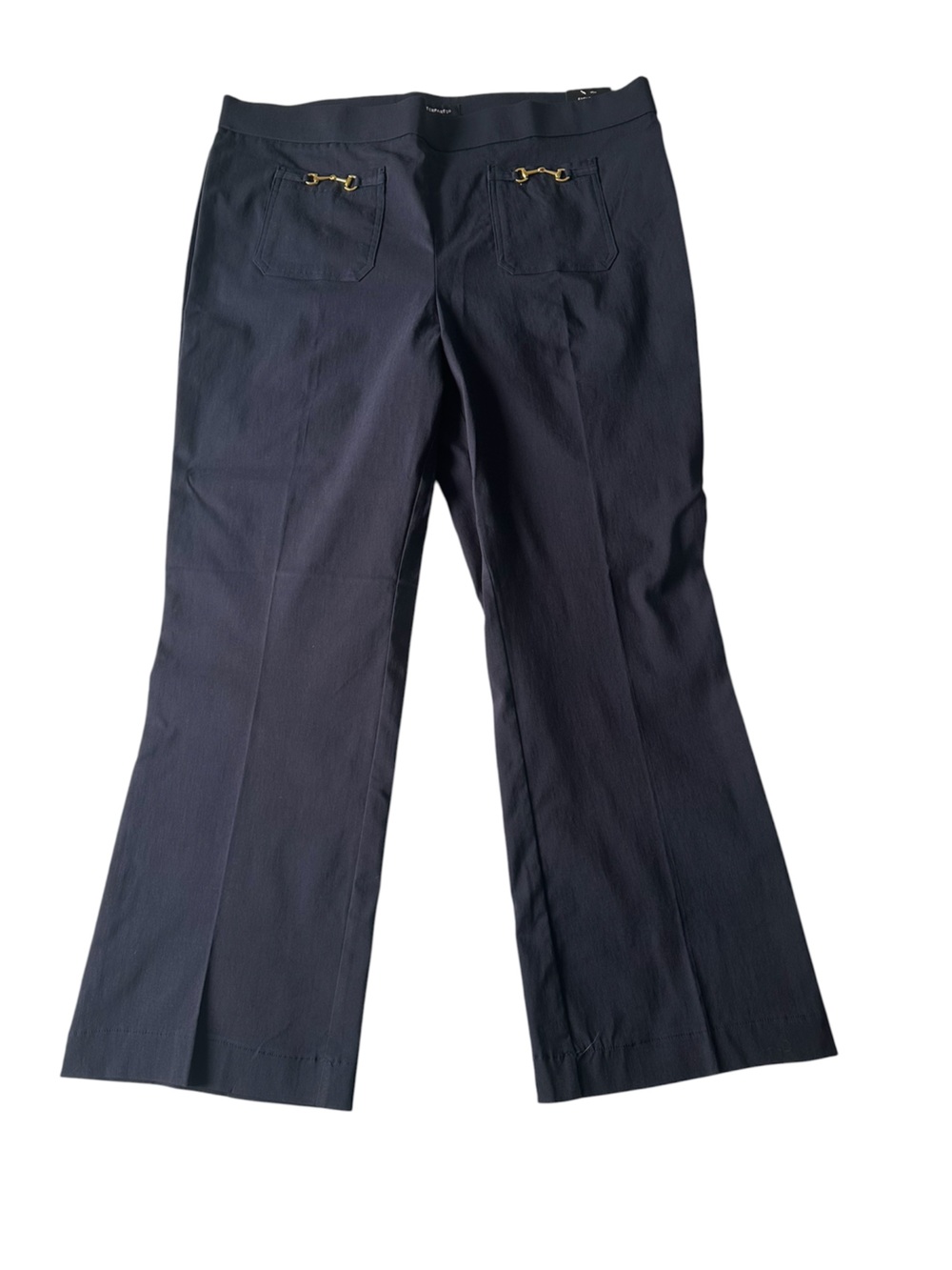 Women’s Navy Pants slight Flare Leg with Gold Horsebit Detail Front Pockets